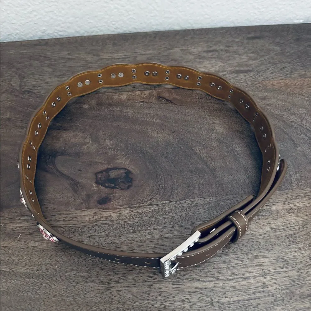 Nocona Belt Co. Pink Rhinestone Bling Silver Hearts Brown Belt